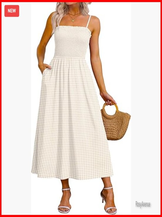 Dresses & Skirts - Spaghetti Strap Maxi Dress Smocked with Pockets Casual Boho Beach